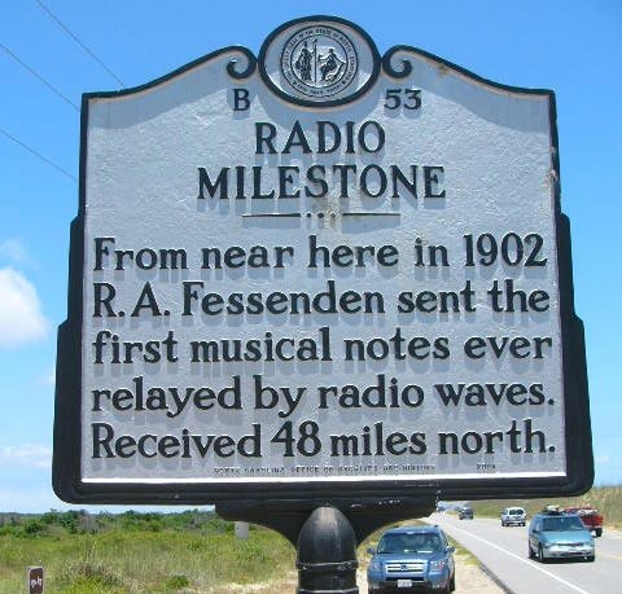 Sign telling the story of Reginald Fessenden's wireless radio signal. Sign telling the story of Reginald Fessenden's wireless radio signal.