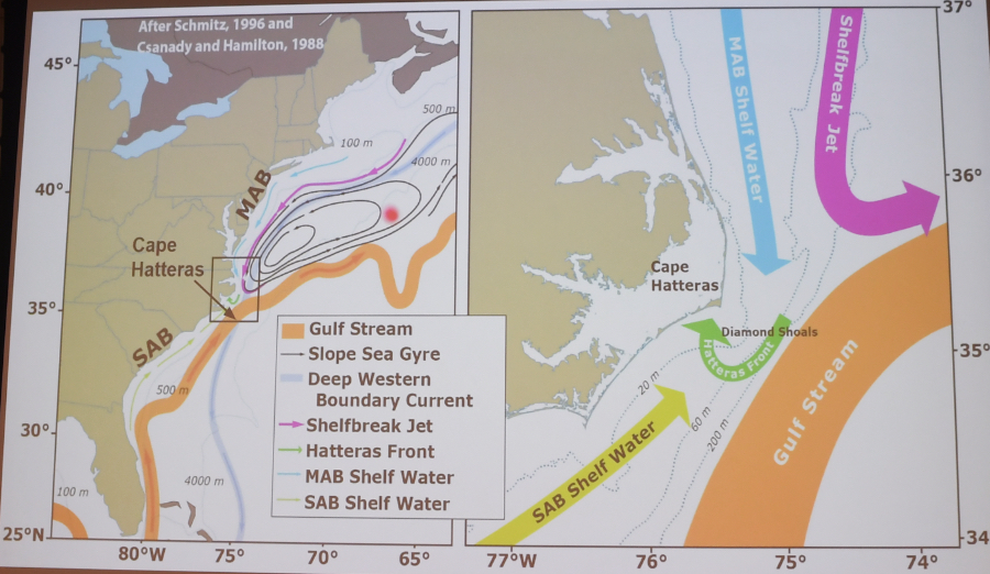 Coastal North Carolina current map showing how complex the offshore currents are. Coastal North Carolina current map showing how complex the offshore currents are.