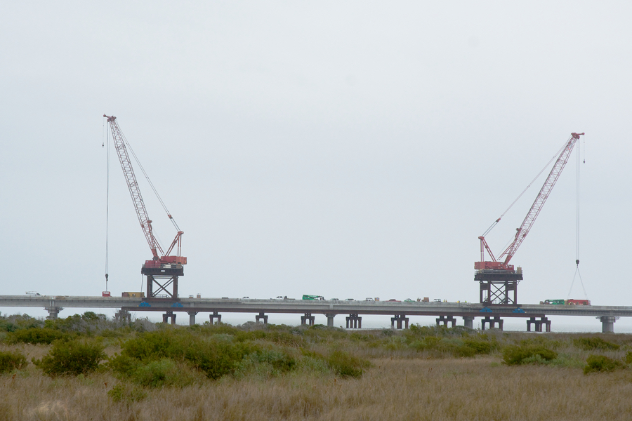 Work crews are finishing construction on the Jug Handle Bridge on Pea Island. Work crews are finishing construction on the Jug Handle Bridge on Pea Island.